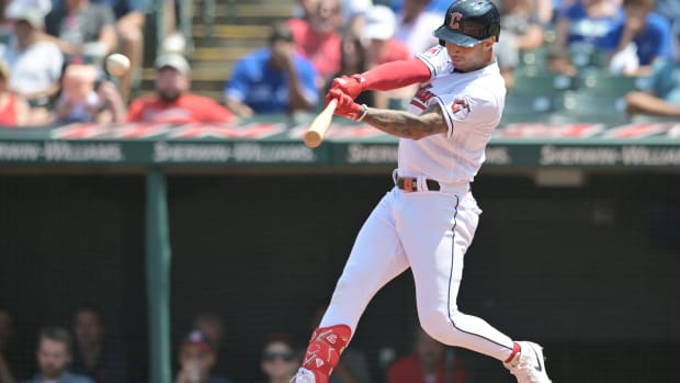 Aug 10, 2023; Cleveland, Ohio, USA; Cleveland Guardians third baseman Brayan Rocchio (6) hits an RBI double during the second inning against the Toronto Blue Jays at Progressive Field.